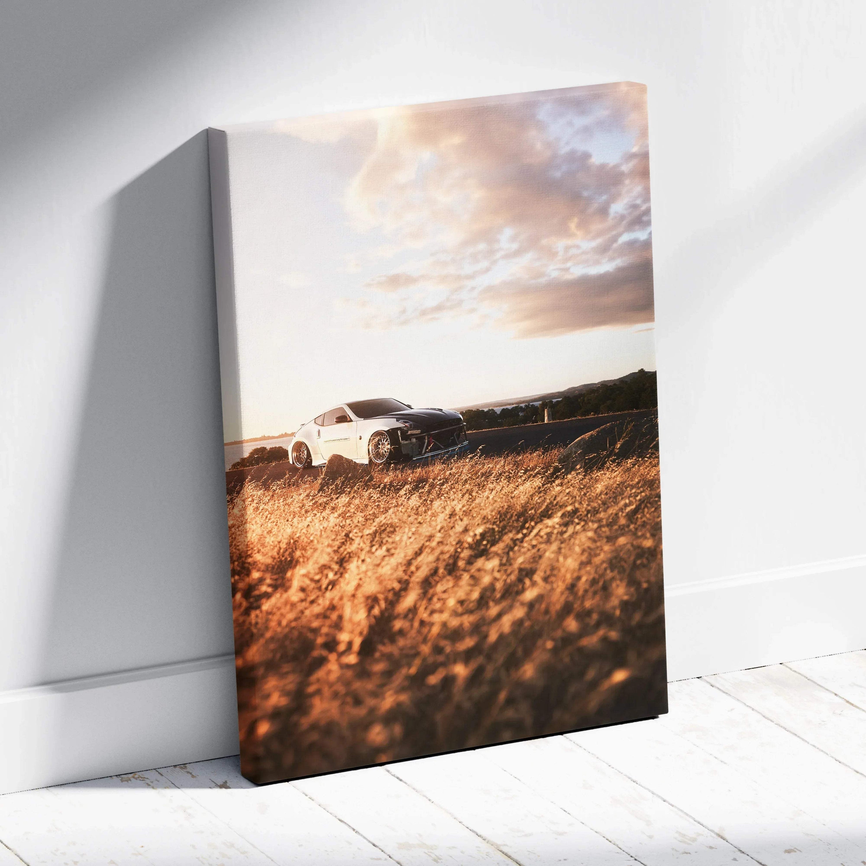 Nissan 370z canvas wall art with sunset and golden field vertical art print.