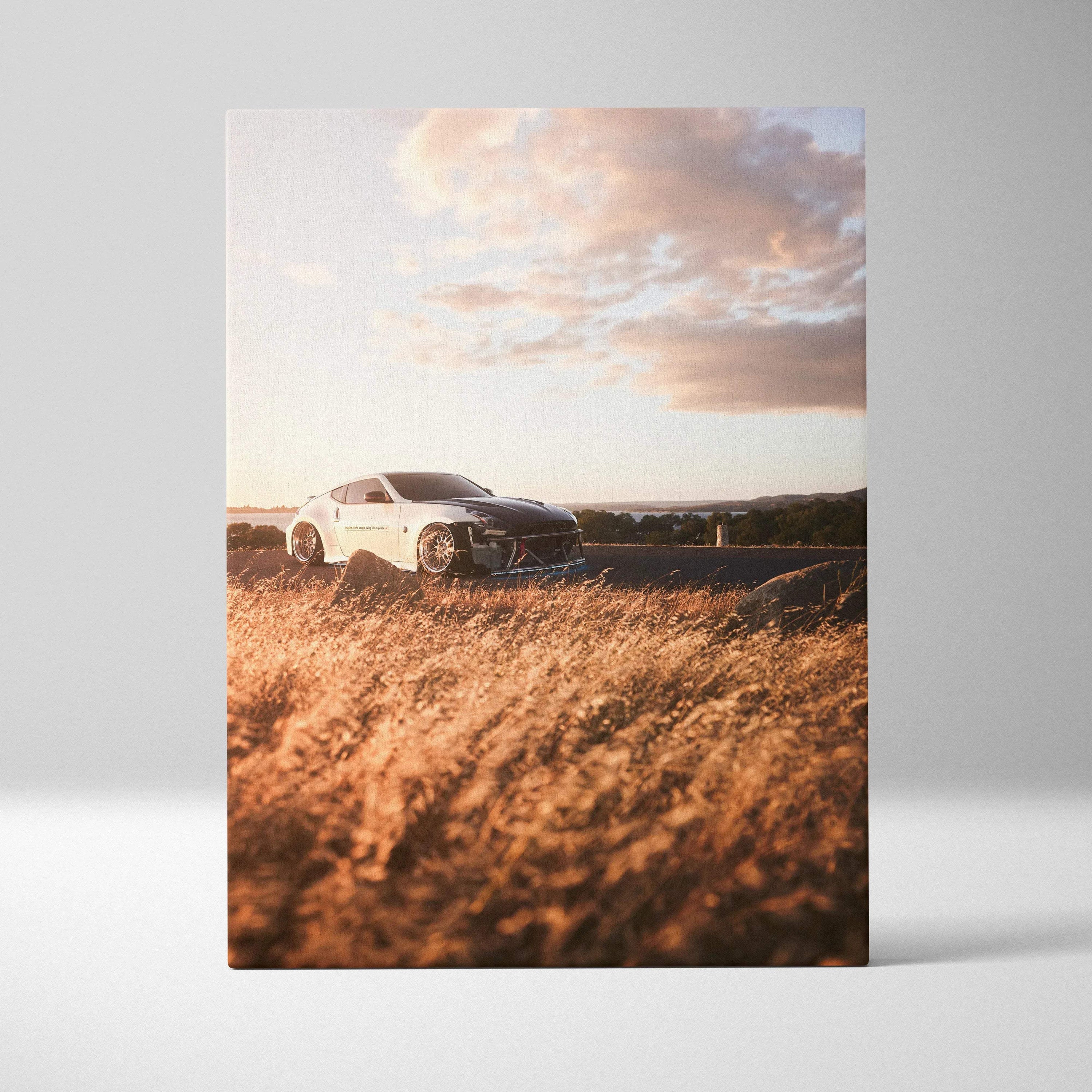 Nissan 370z parked in golden field under a soft sunset sky canvas wall art.