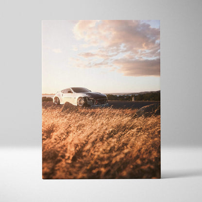 Nissan 370z parked in golden field under a soft sunset sky canvas wall art.