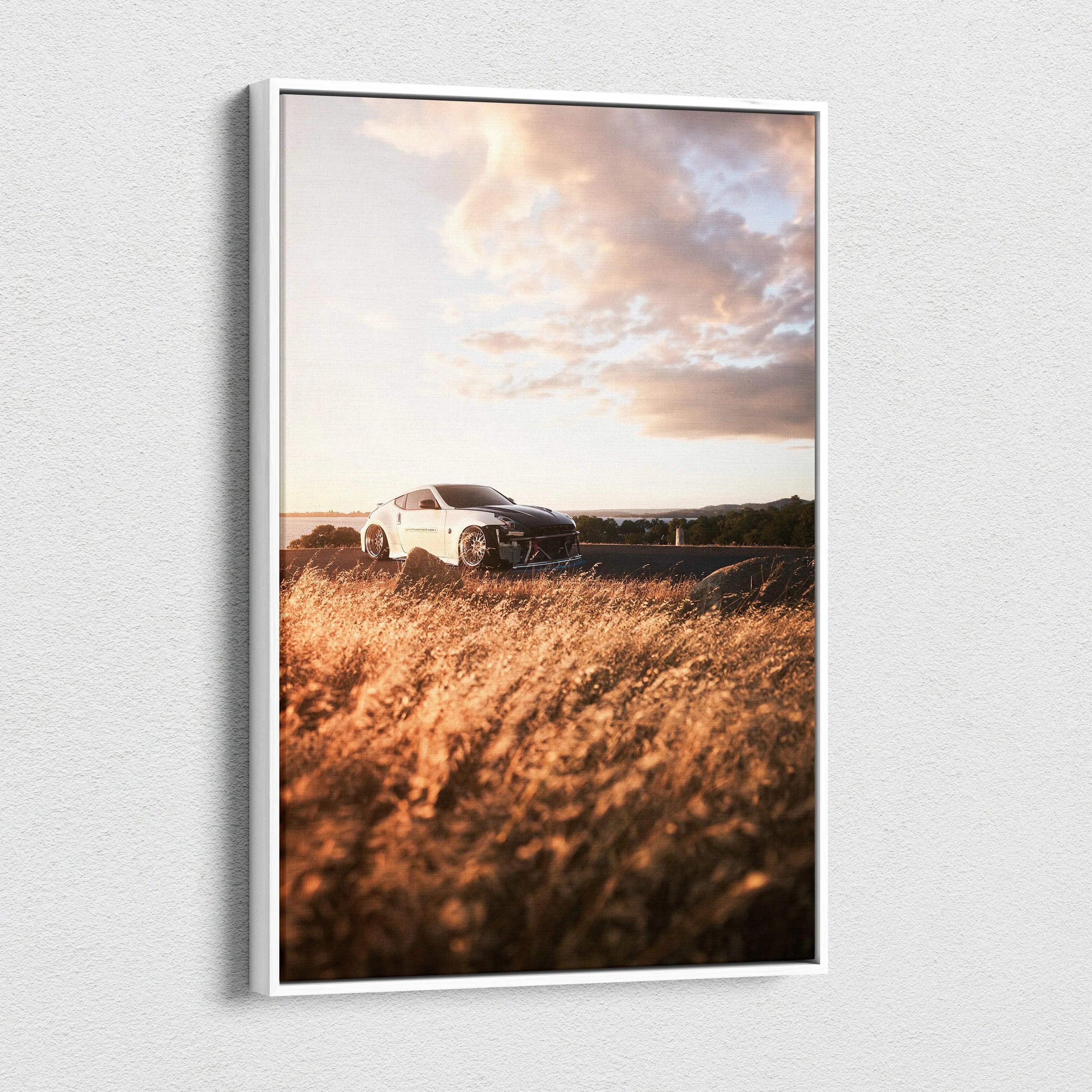 Nissan 370z parked in golden field at sunset vertical canvas wall art print.