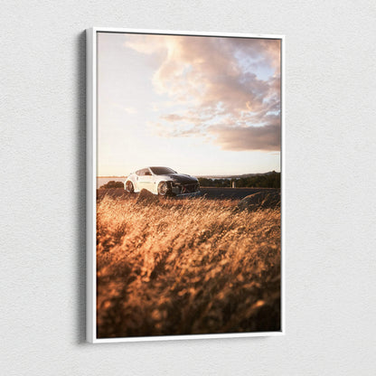 Nissan 370z parked in golden field at sunset vertical canvas wall art print.