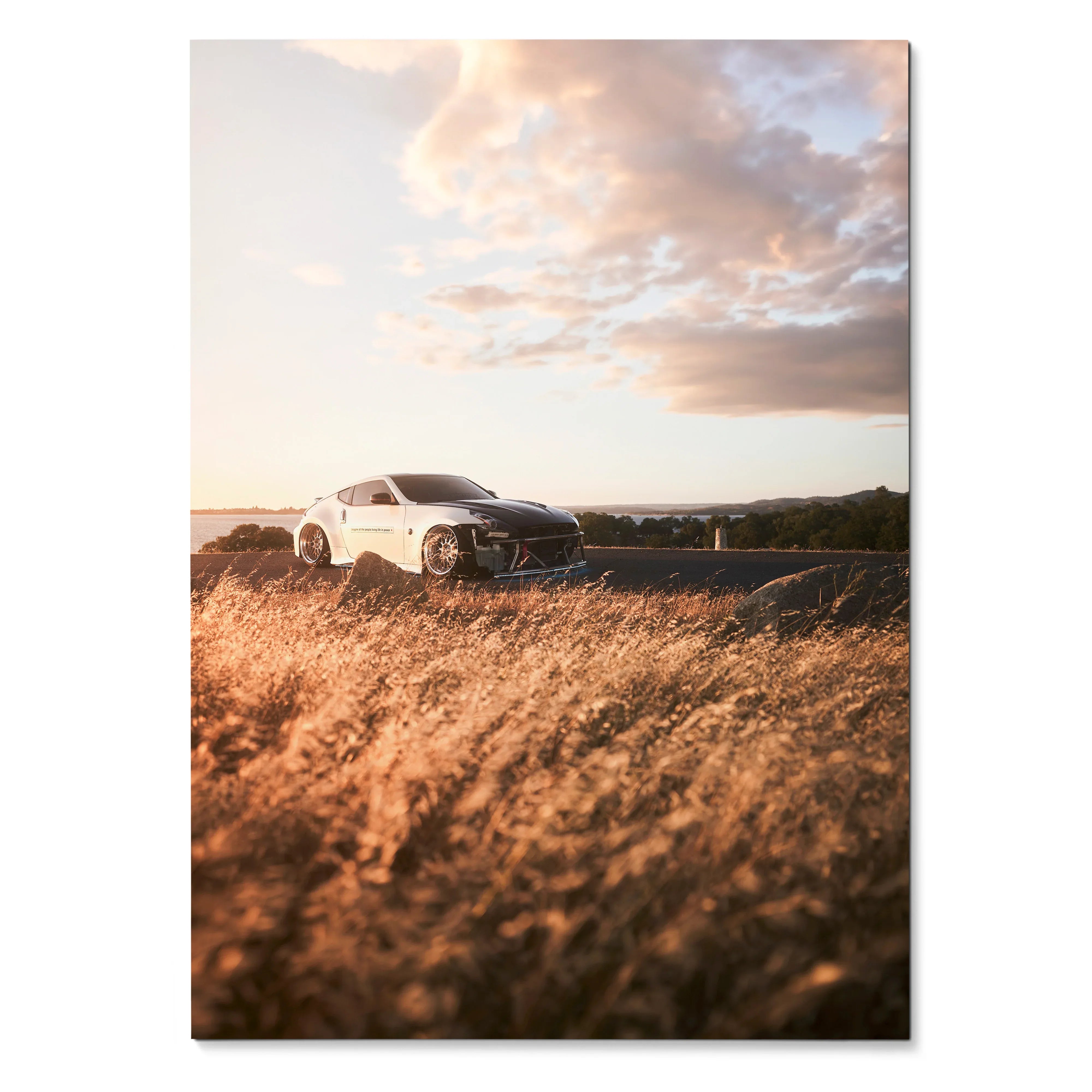 Nissan 370z sports car driving through golden grass at sunset poster wall art.