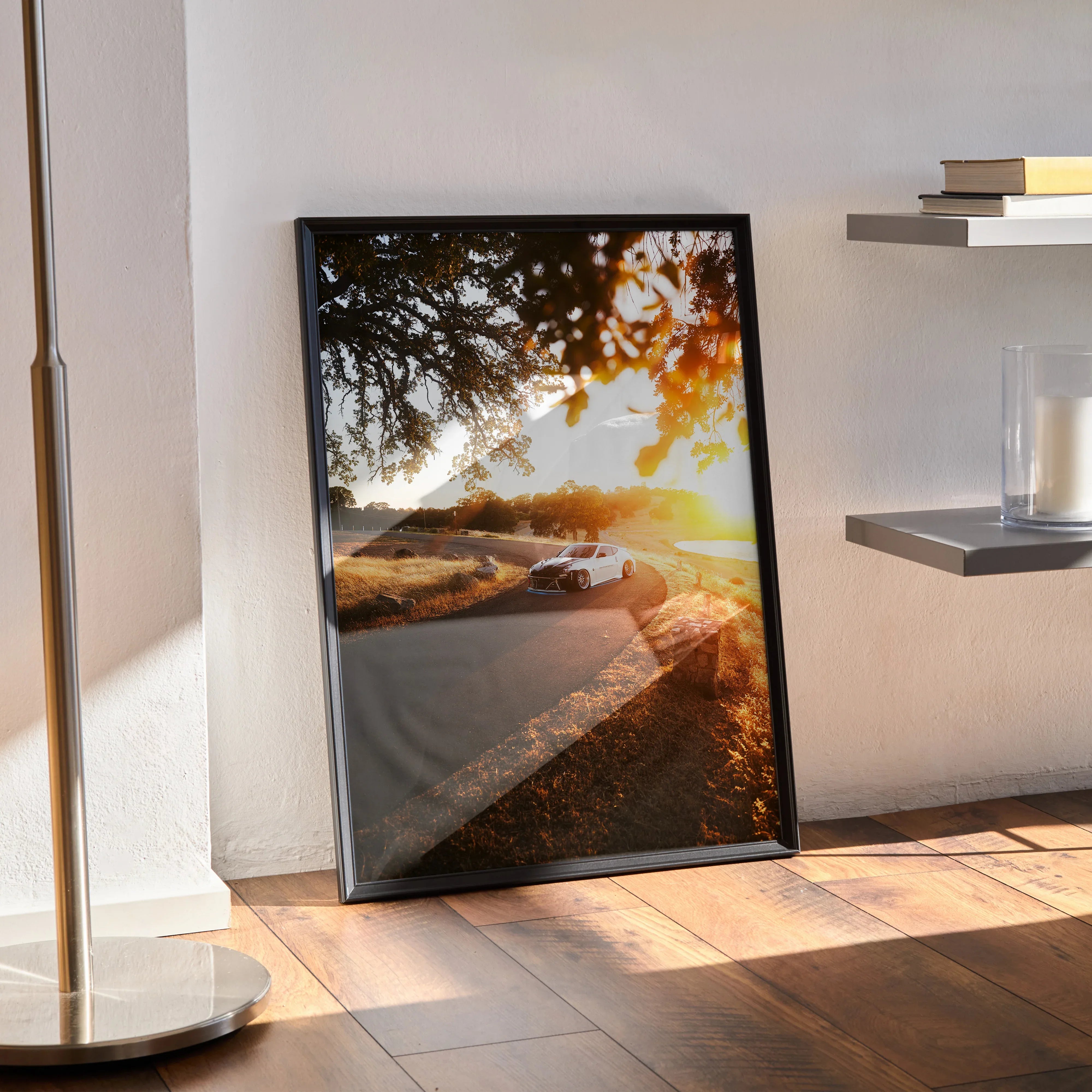 Nissan 370z poster with sunset road scene framed as modern wall art in warm tones.