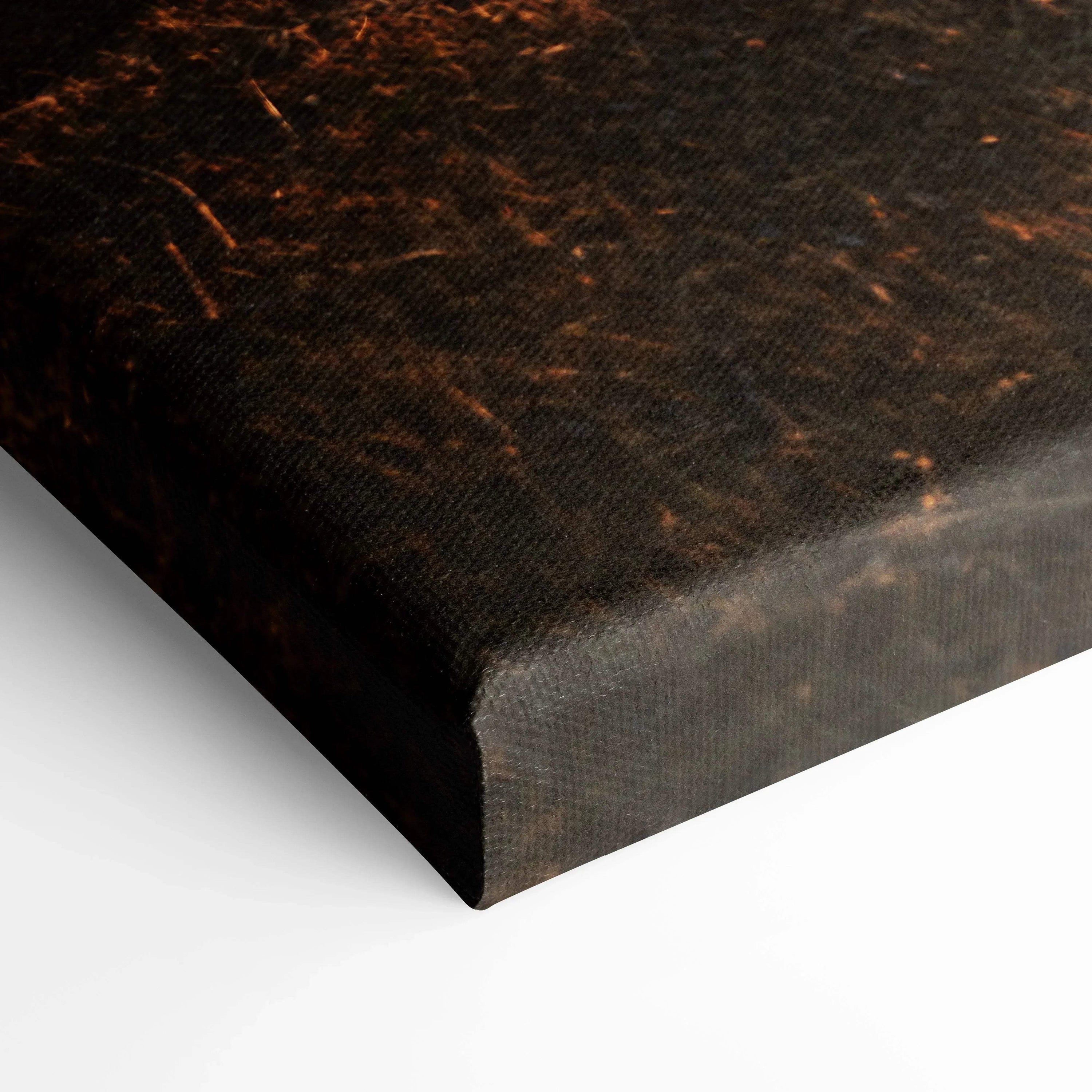 Close-up of dark textured canvas art with deep brown and black tones, museum-quality wall art print.