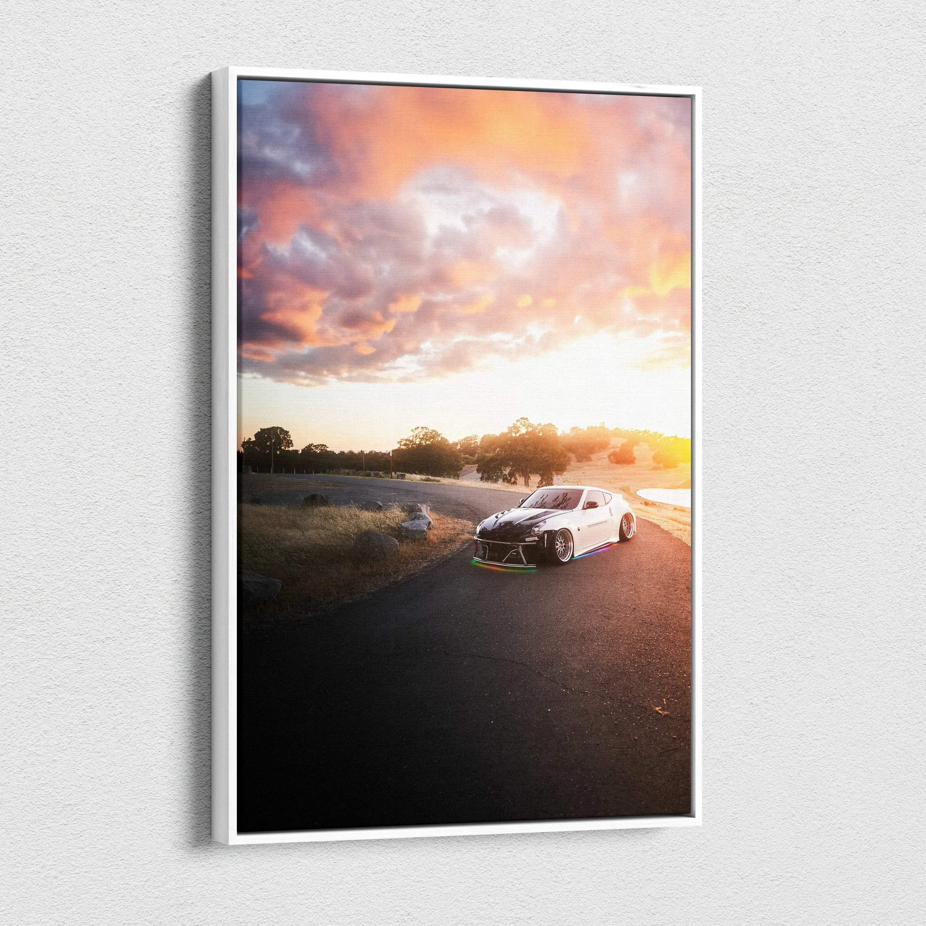 Vertical canvas art of a Nissan 370z on a road at sunset with dramatic clouds, wall art display.
