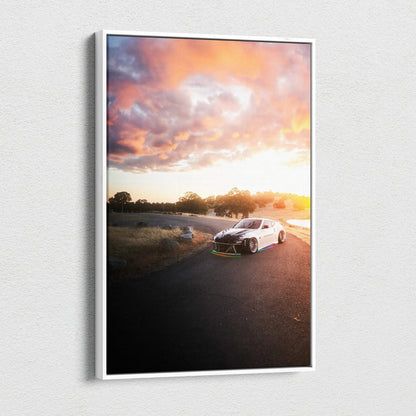 Vertical canvas art of a Nissan 370z on a road at sunset with dramatic clouds, wall art display.
