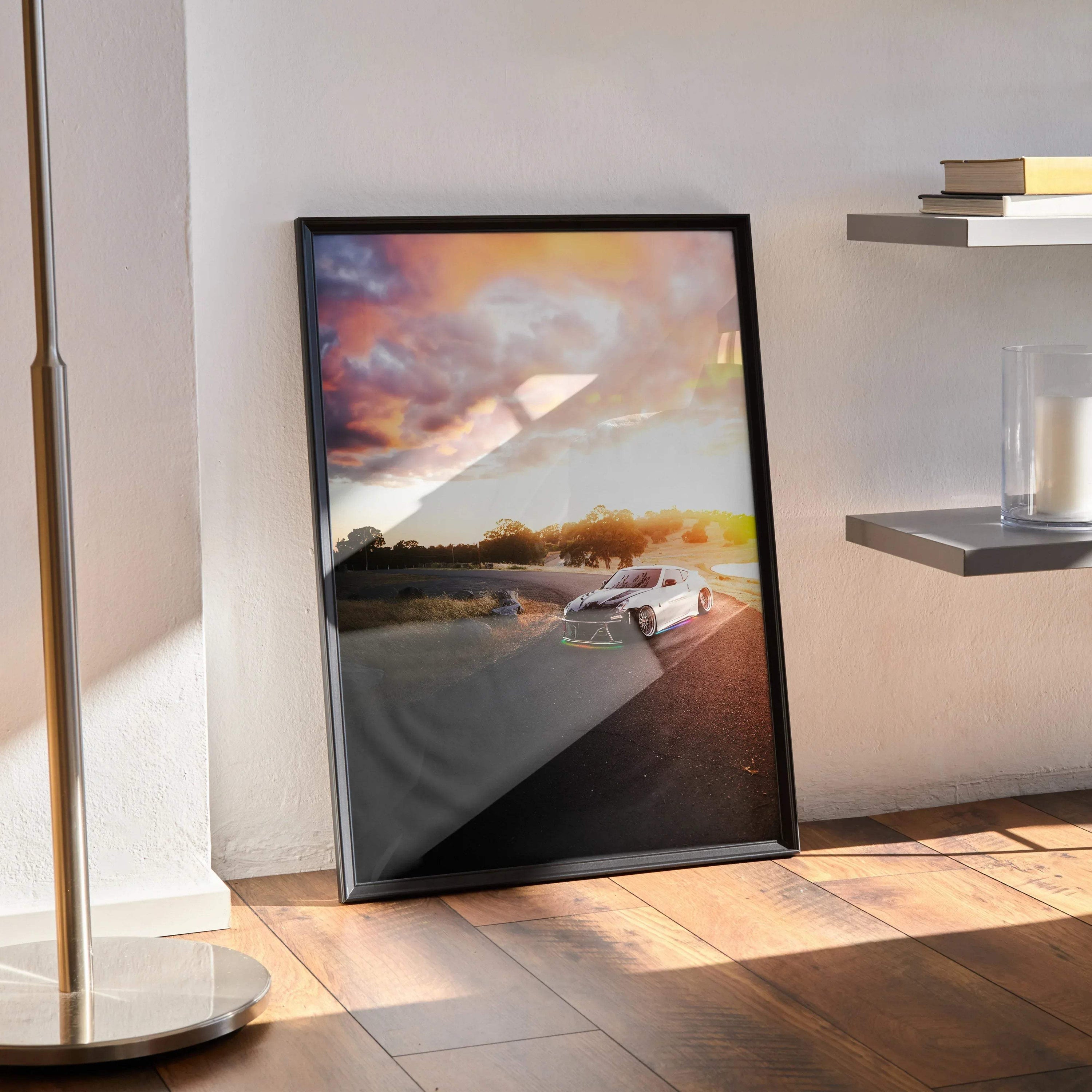Nissan 370z poster with sunset background leaning against wall, modern car wall art.