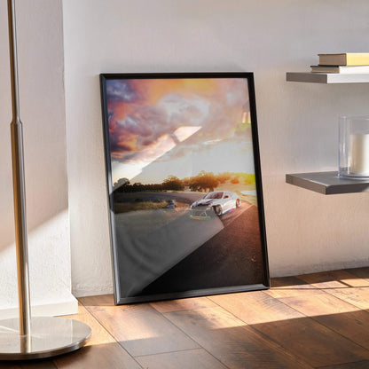 Nissan 370z poster with sunset background leaning against wall, modern car wall art.