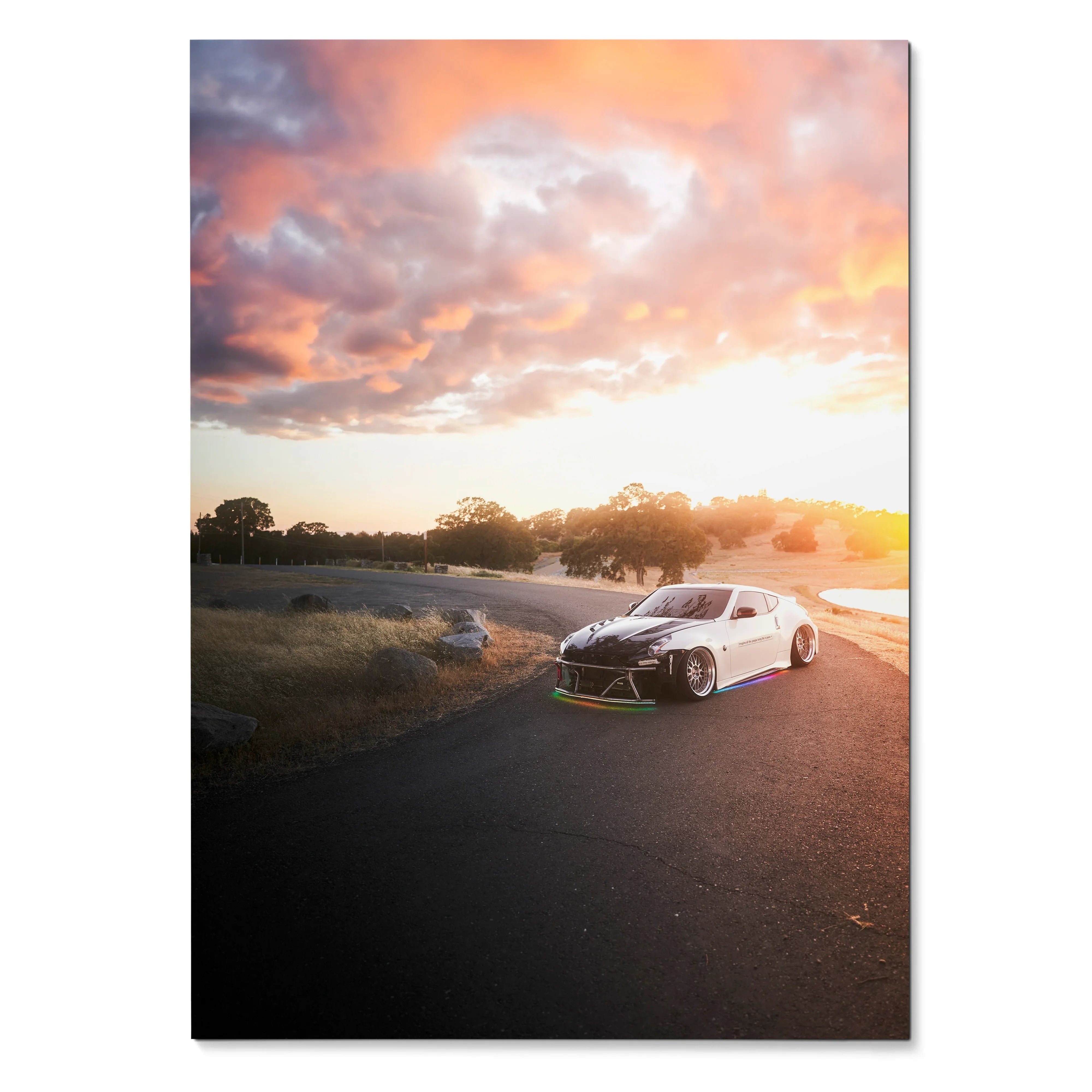 Nissan 370z car poster with sunset background, vibrant colors, and scenic road wall art.