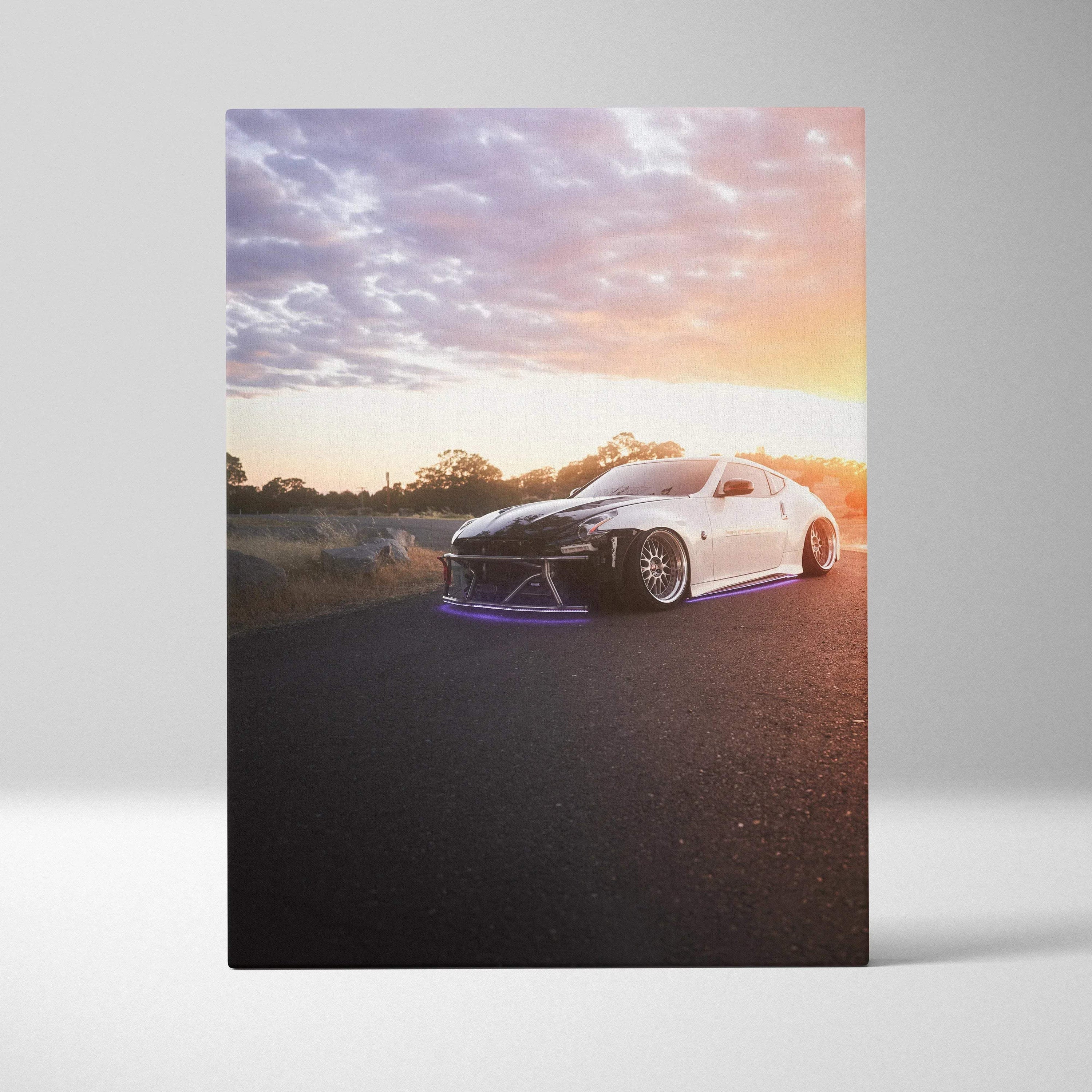 Nissan 370z in white on road at sunset canvas wall art vertical print.