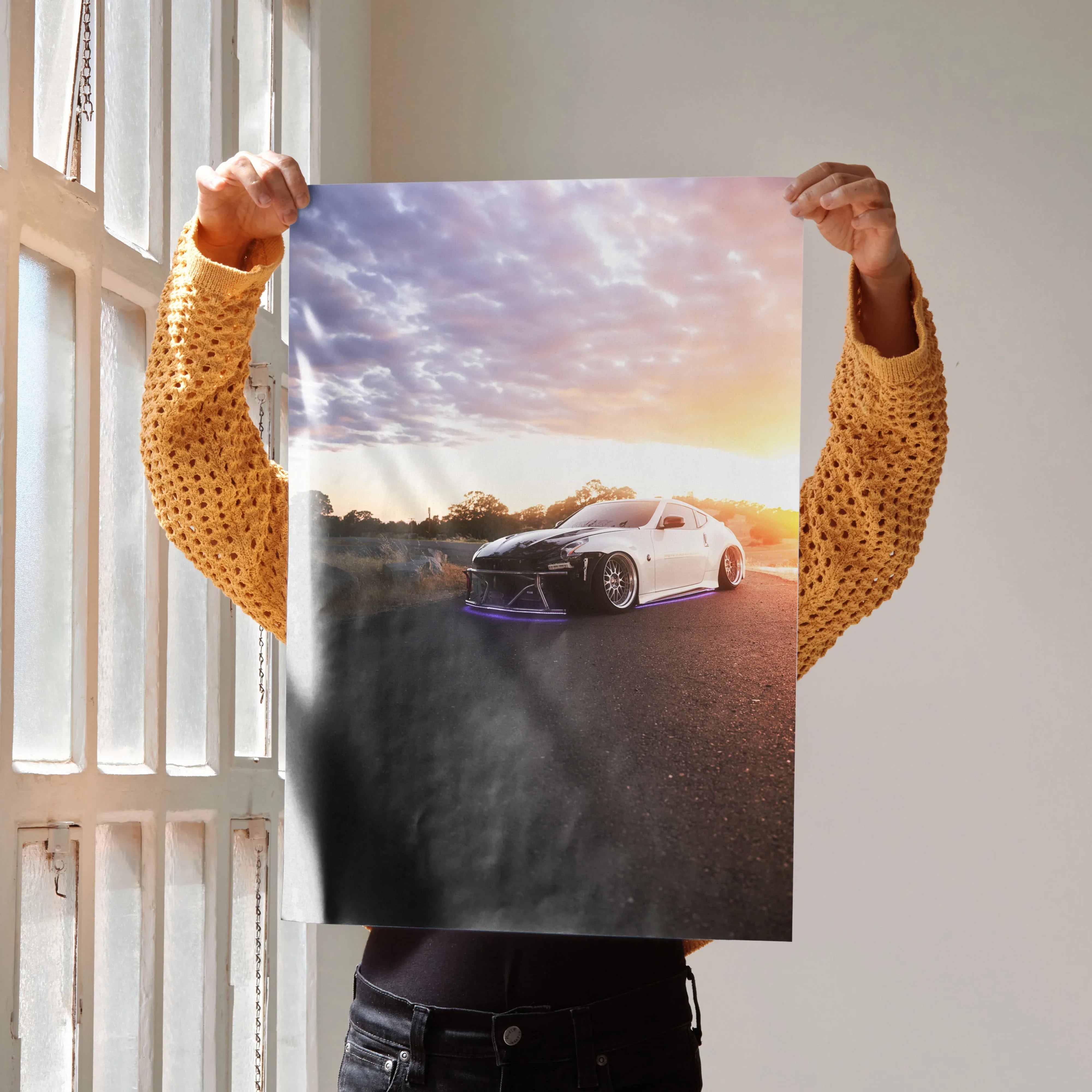 Nissan 370z sports car at sunset with purple sky, high-resolution poster wall art.