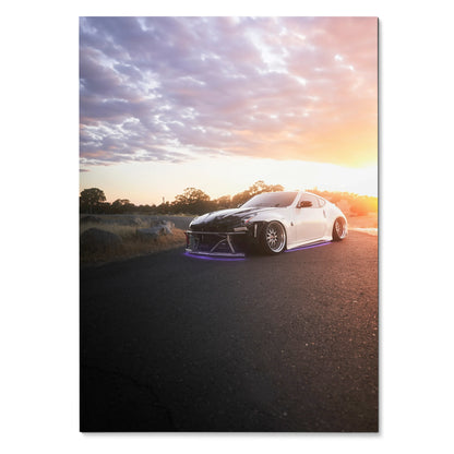 Nissan 370z parked on road at sunset with dramatic sky poster wall art.