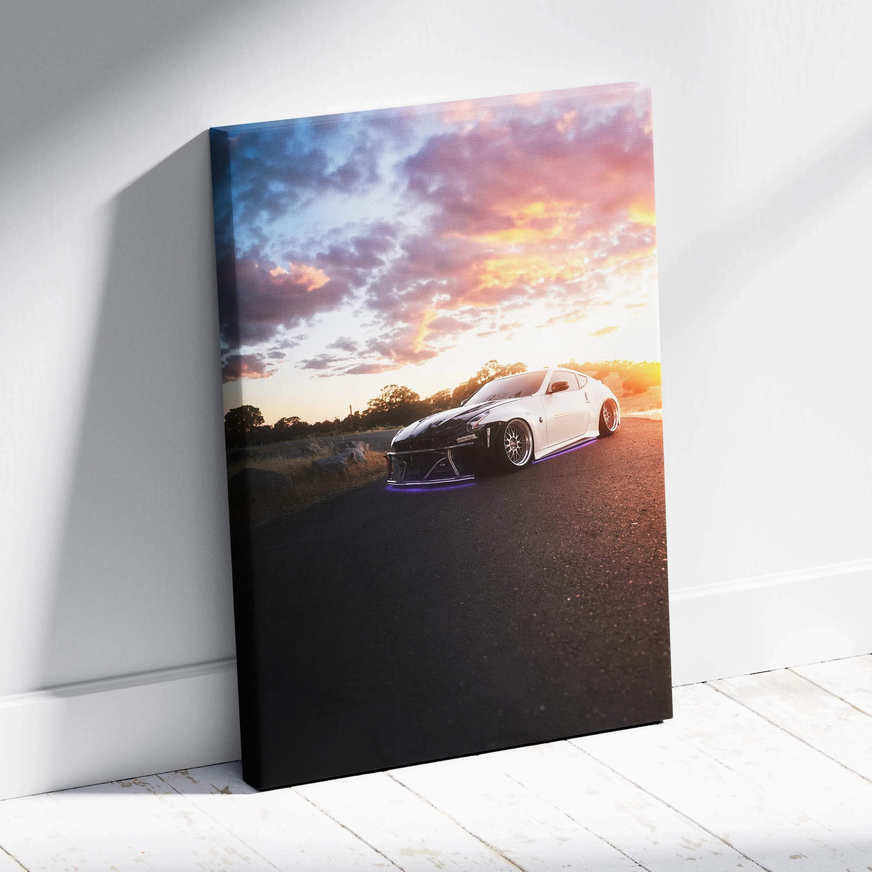 Nissan 370z car on road at sunset canvas wall art with vibrant sky and landscape.