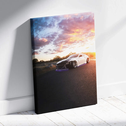 Nissan 370z car on road at sunset canvas wall art with vibrant sky and landscape.