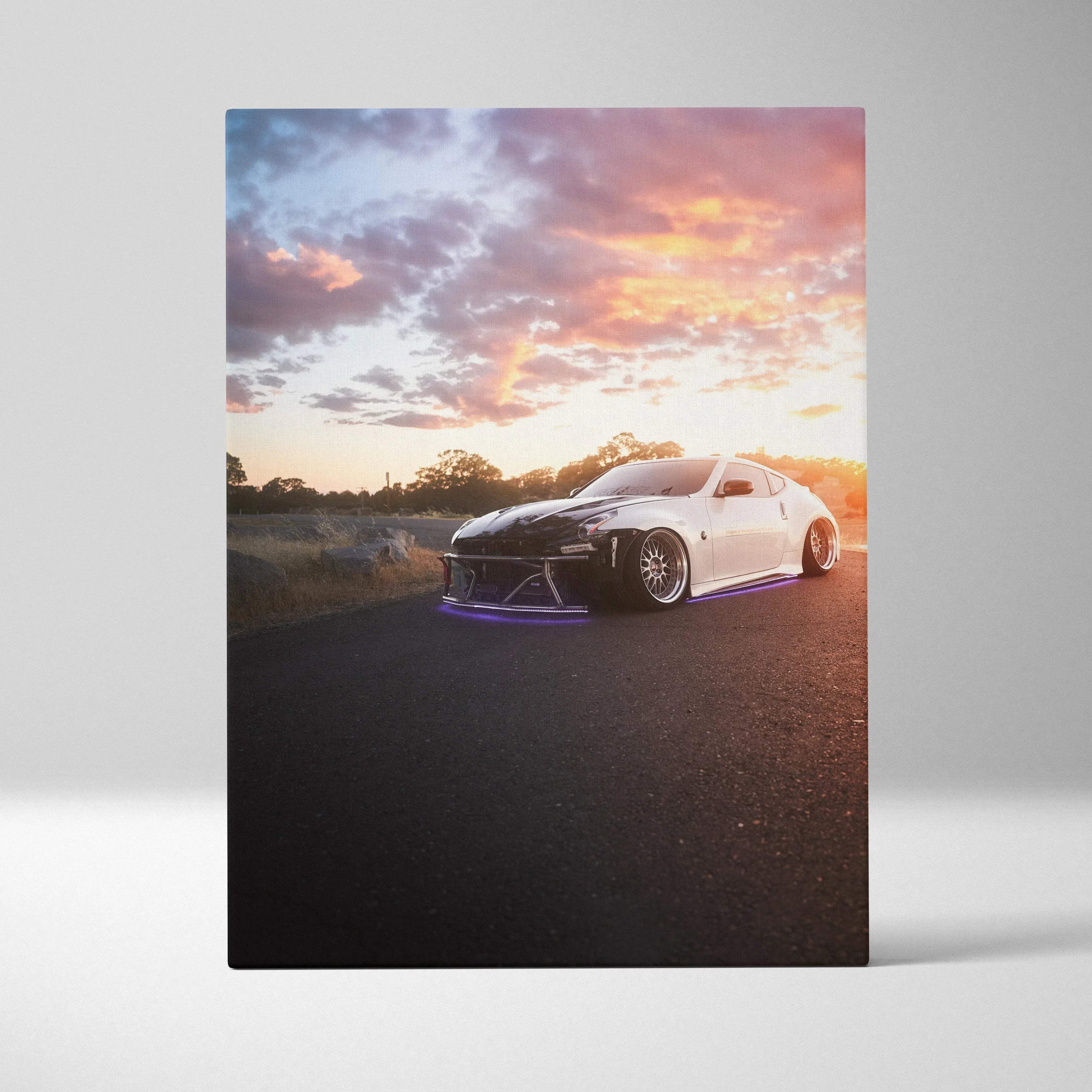 White Nissan 370z at sunset with colorful sky, vertical canvas wall art print.