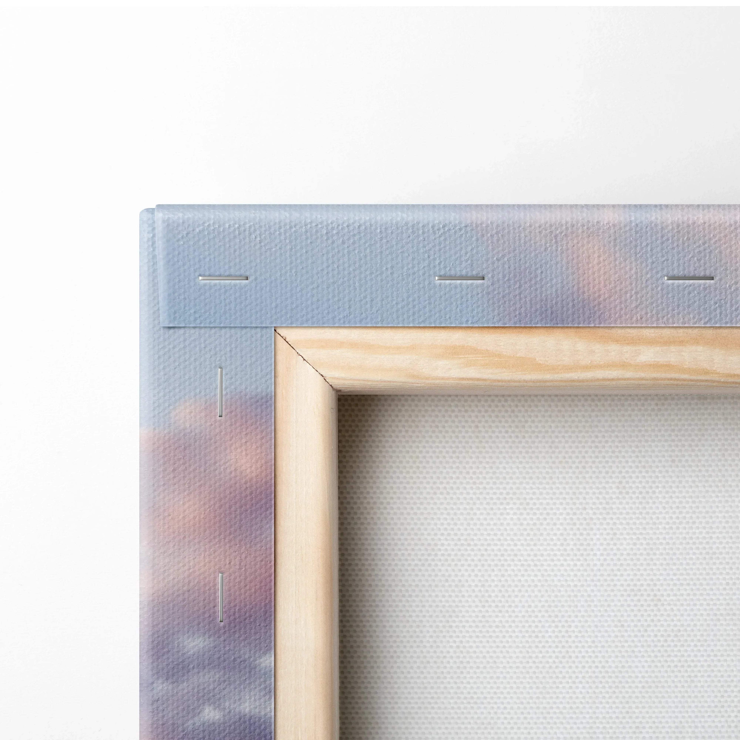 Close-up of wooden frame and stapled canvas back for vertical wall art canvas print.