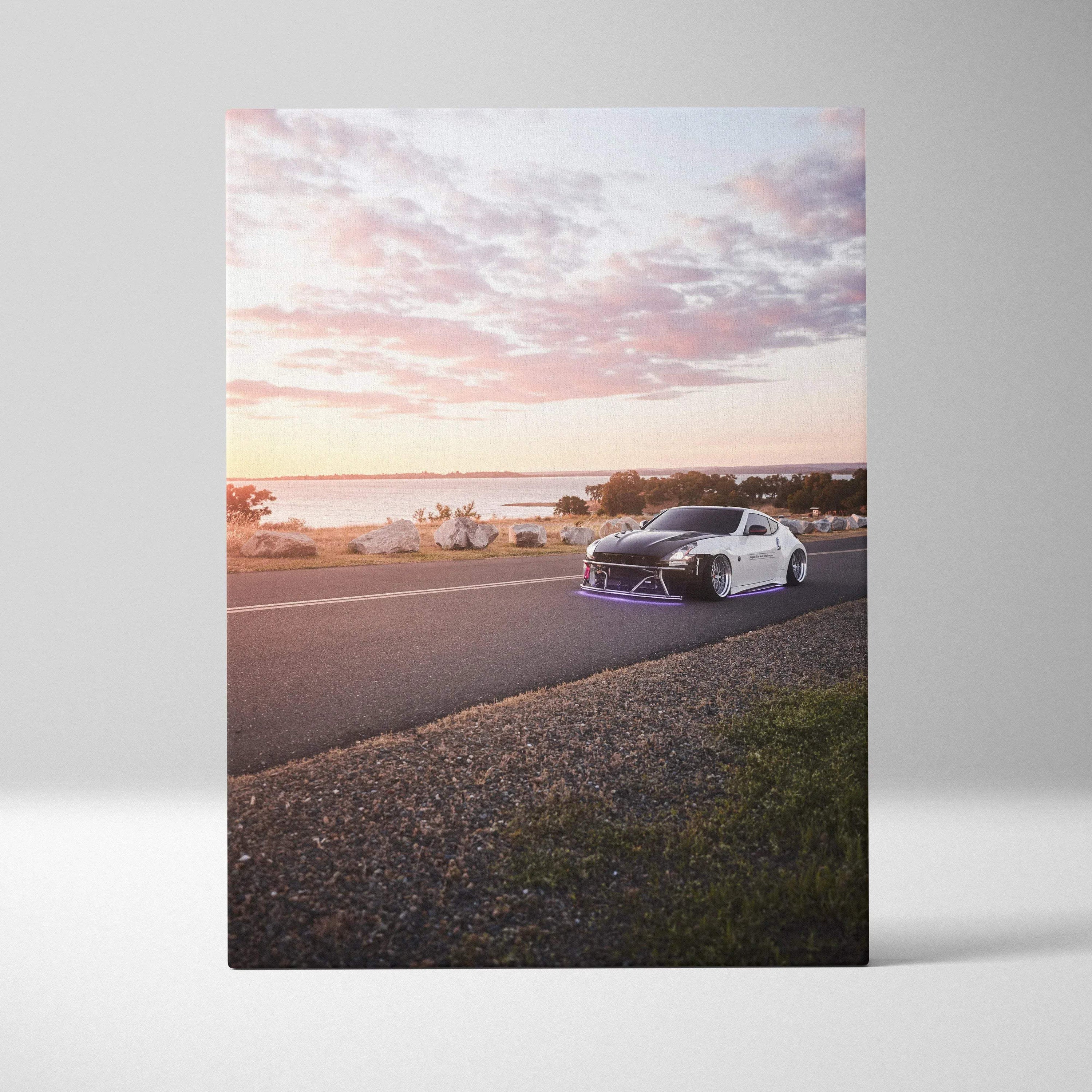Nissan 370z parked on roadside at sunset vertical canvas art with soft sky background.