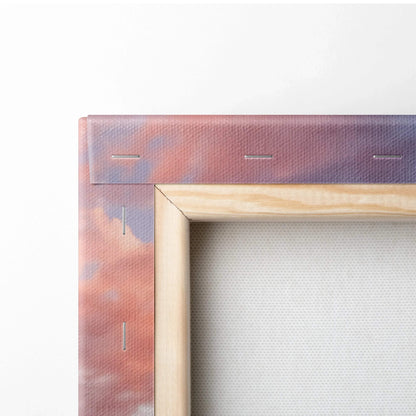 Close-up of wooden frame and textured canvas corner for vertical canvas wall art.