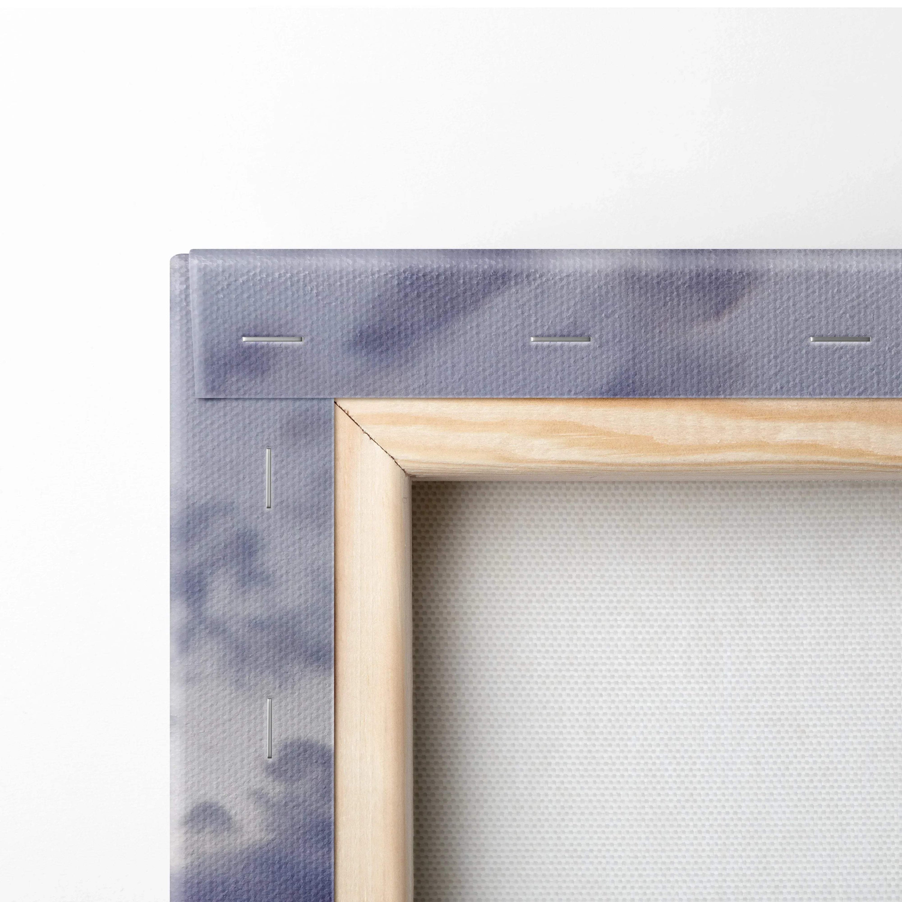 Close-up of wooden frame corner with stretched white canvas and gray printed edges for vertical wall art canvas print.