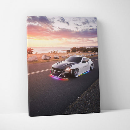 Nissan 370z parked on road at sunset with colorful LED lights canvas wall art.