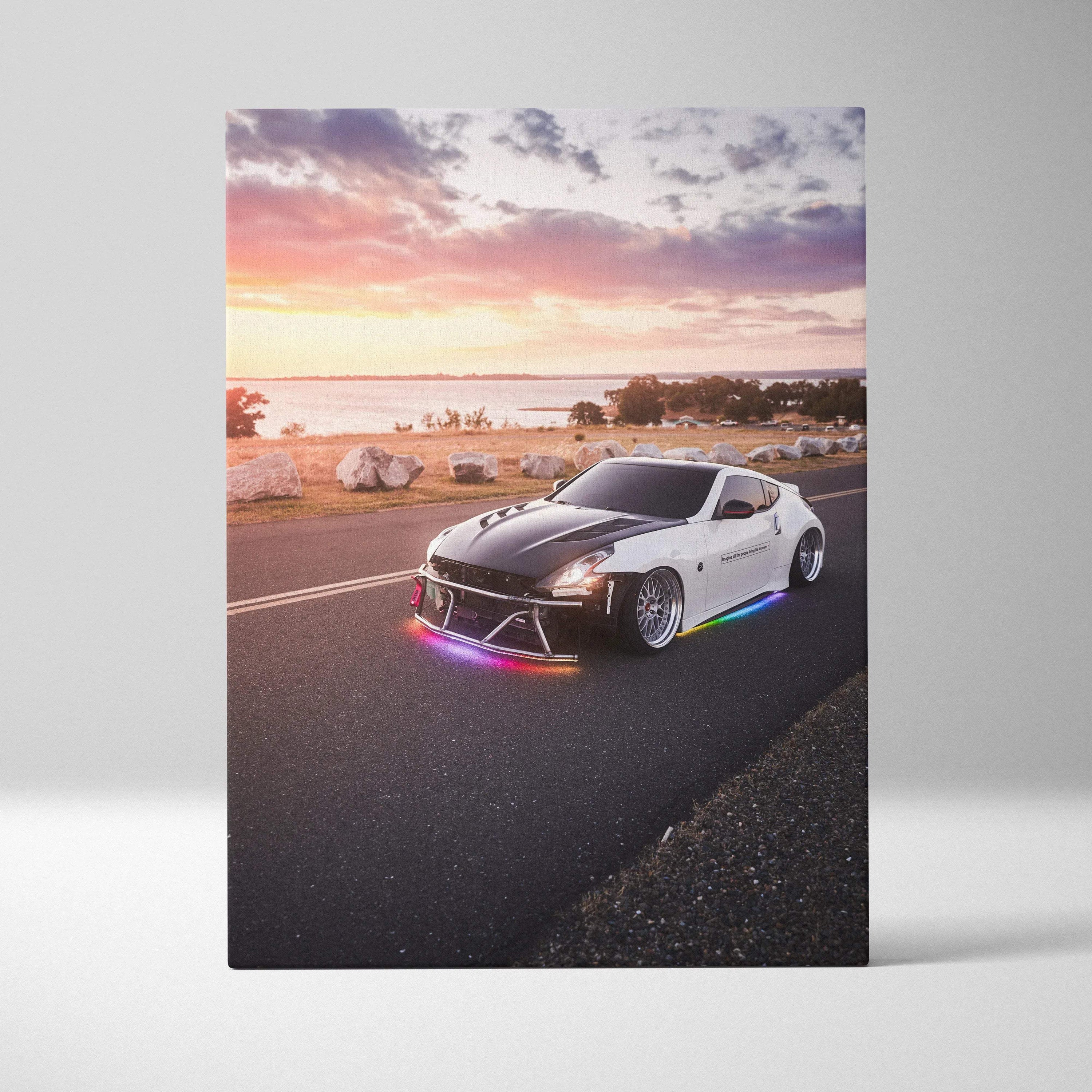 Nissan 370z sports car on road at sunset printed on vertical canvas wall art.