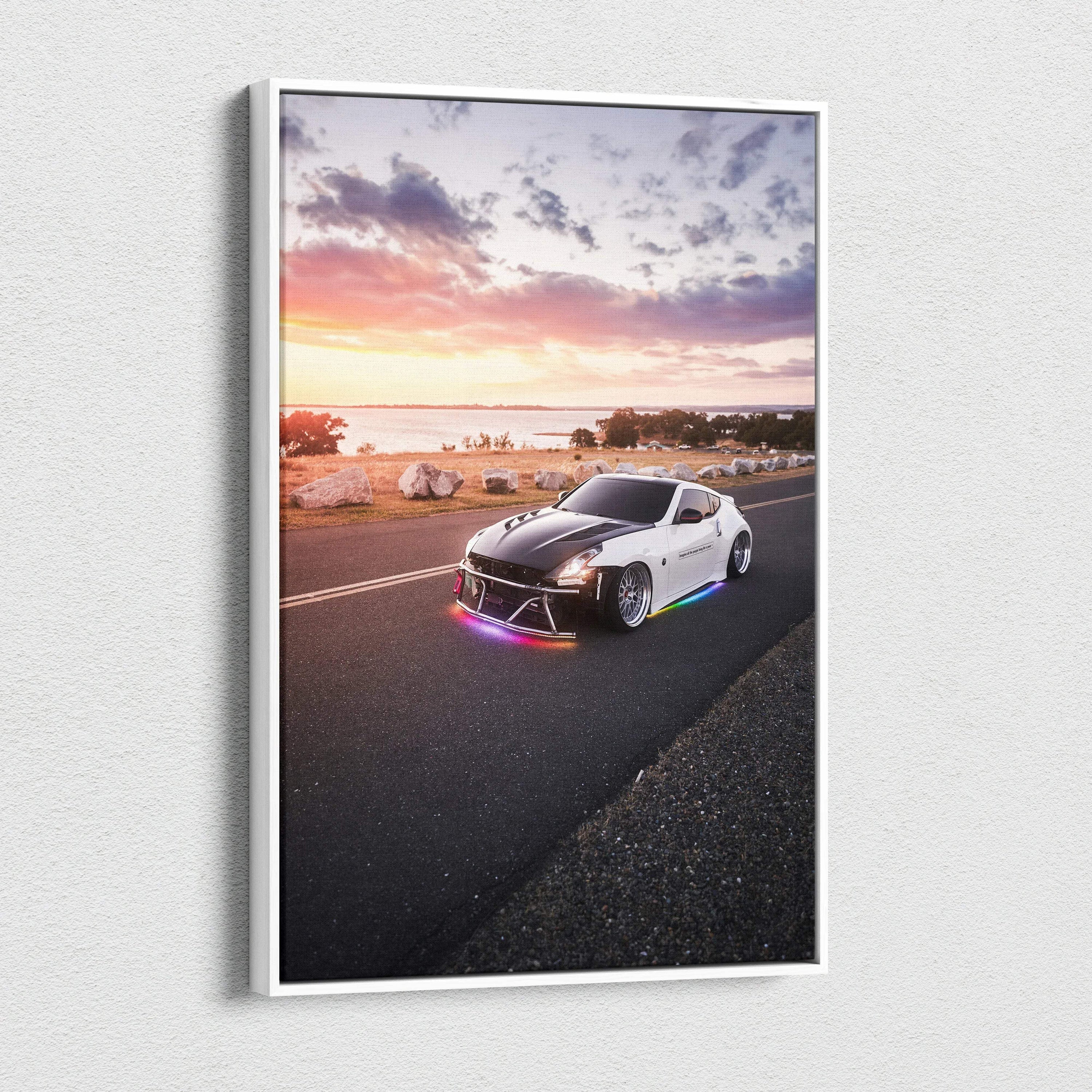 Nissan 370z on road at sunset vertical canvas wall art with vibrant sky and detailed car features.
