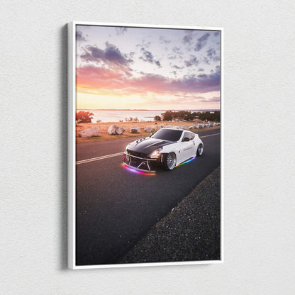 Nissan 370z on road at sunset vertical canvas wall art with vibrant sky and detailed car features.