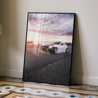 Nissan 370z racing car poster with sunset sky, modern wall art in sleek black frame.