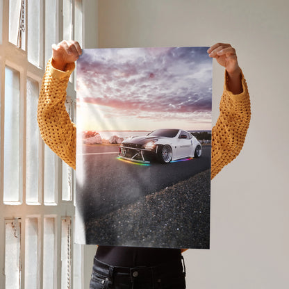 Nissan 370z sports car on road at sunset poster wall art with dramatic sky background.