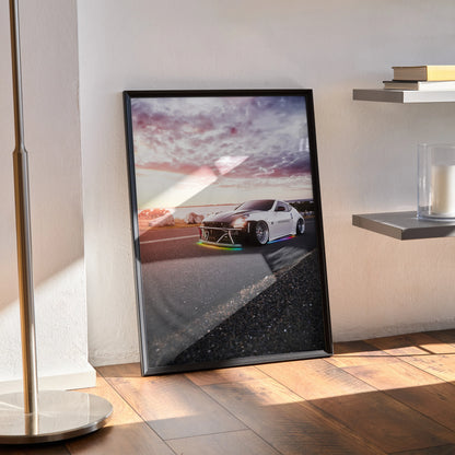 Framed Nissan 370z poster with sunset sky and road, modern wall art for car enthusiasts.
