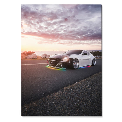 Nissan 370z parked on road at sunset with vibrant colorful underglow car poster wall art.