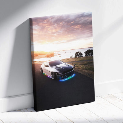 Nissan 370z car on road at sunset with glowing lights vertical canvas wall art.
