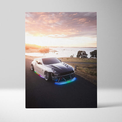 Nissan 370z with neon underglow on scenic coastal road vertical canvas wall art.