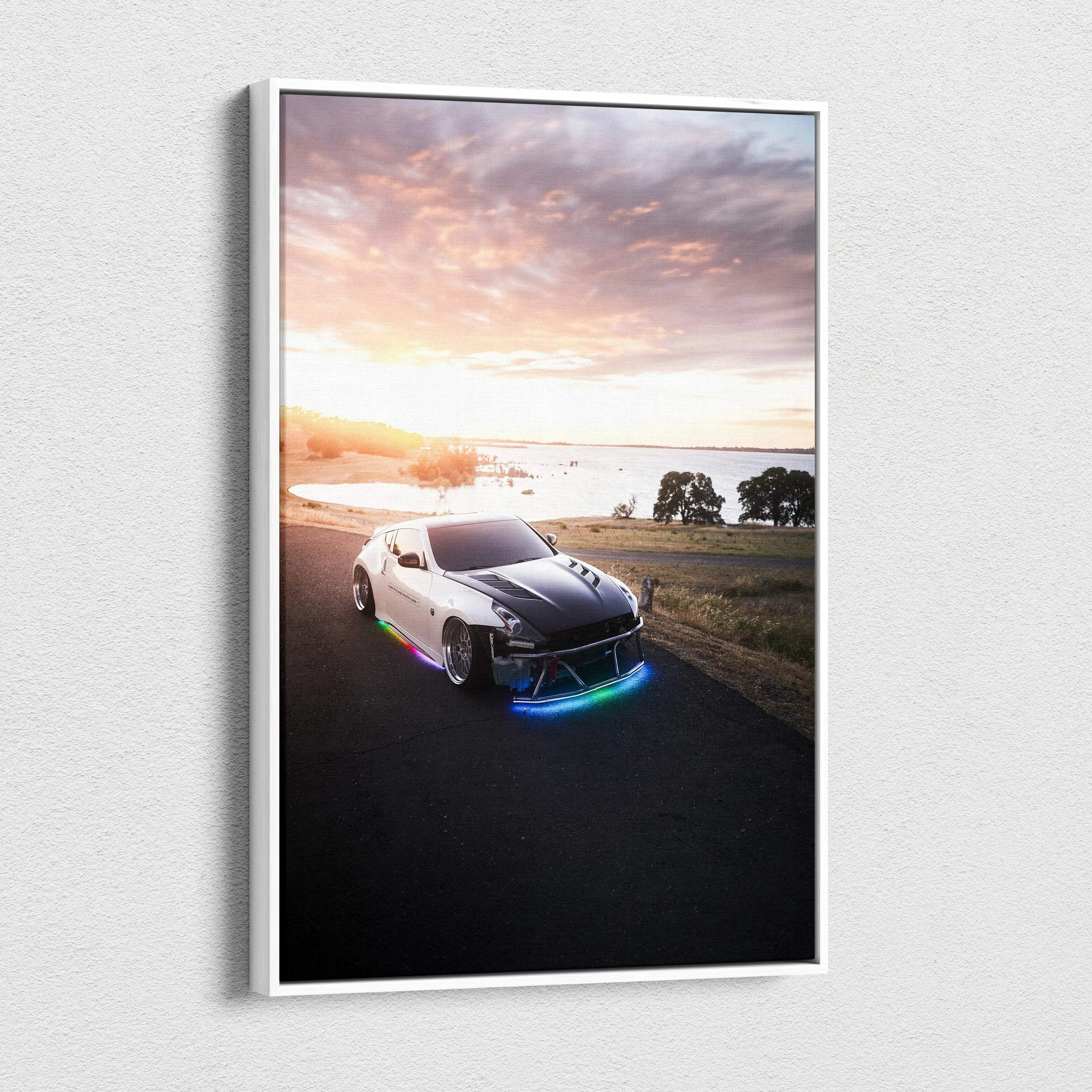 Nissan 370z on road at sunset vertical canvas wall art with vivid sky and landscape background.