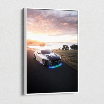 Nissan 370z on road at sunset vertical canvas wall art with vivid sky and landscape background.