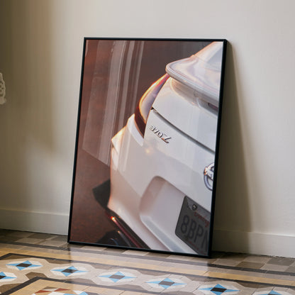 Nissan 370z close-up poster wall art showcasing rear detail in high resolution with sleek white finish.