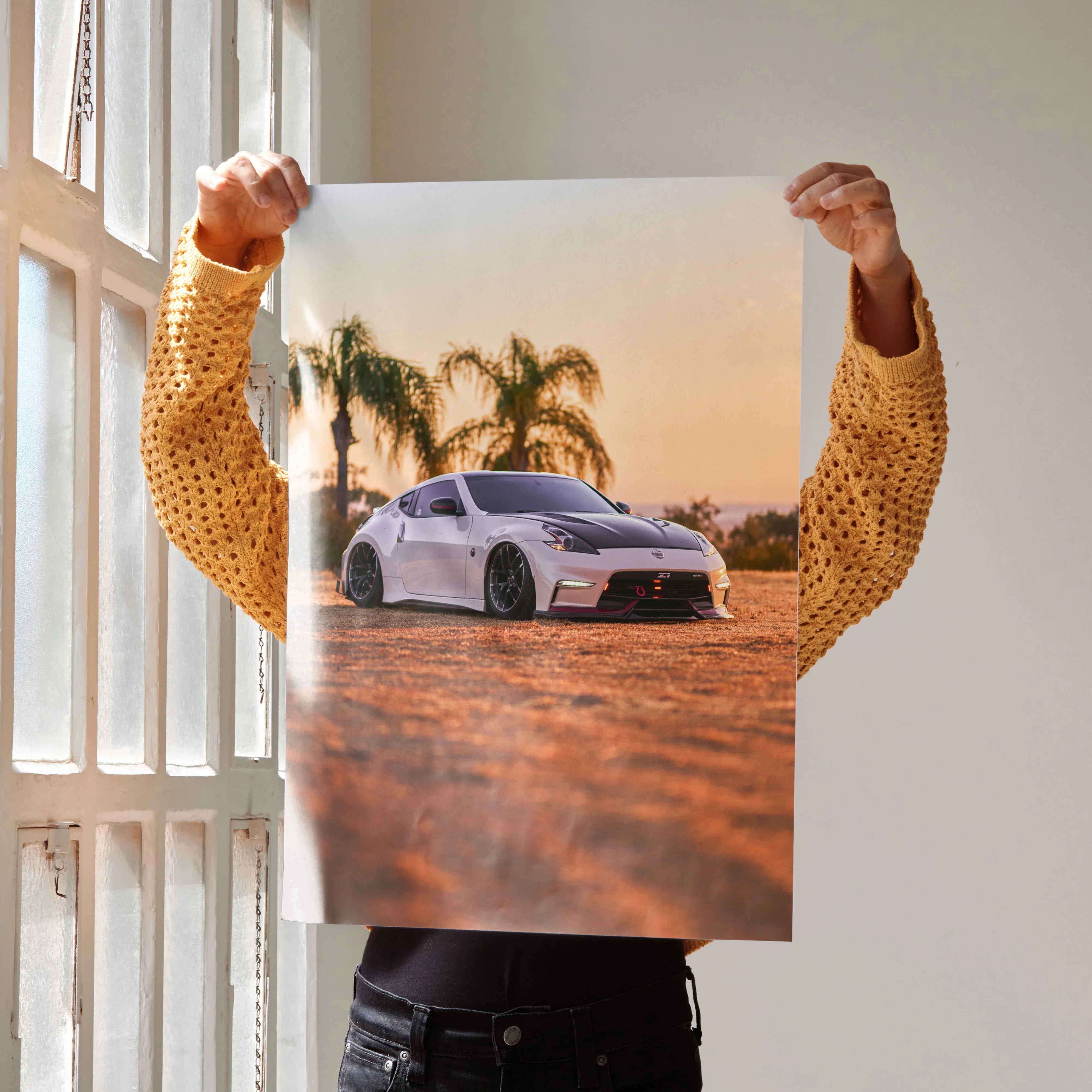 Nissan 370z poster showcasing the car at sunset with palm trees, vibrant wall art.