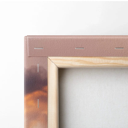 Close-up of stitched Nissan 370z canvas wall art corner with natural wood frame and gallery wrap.