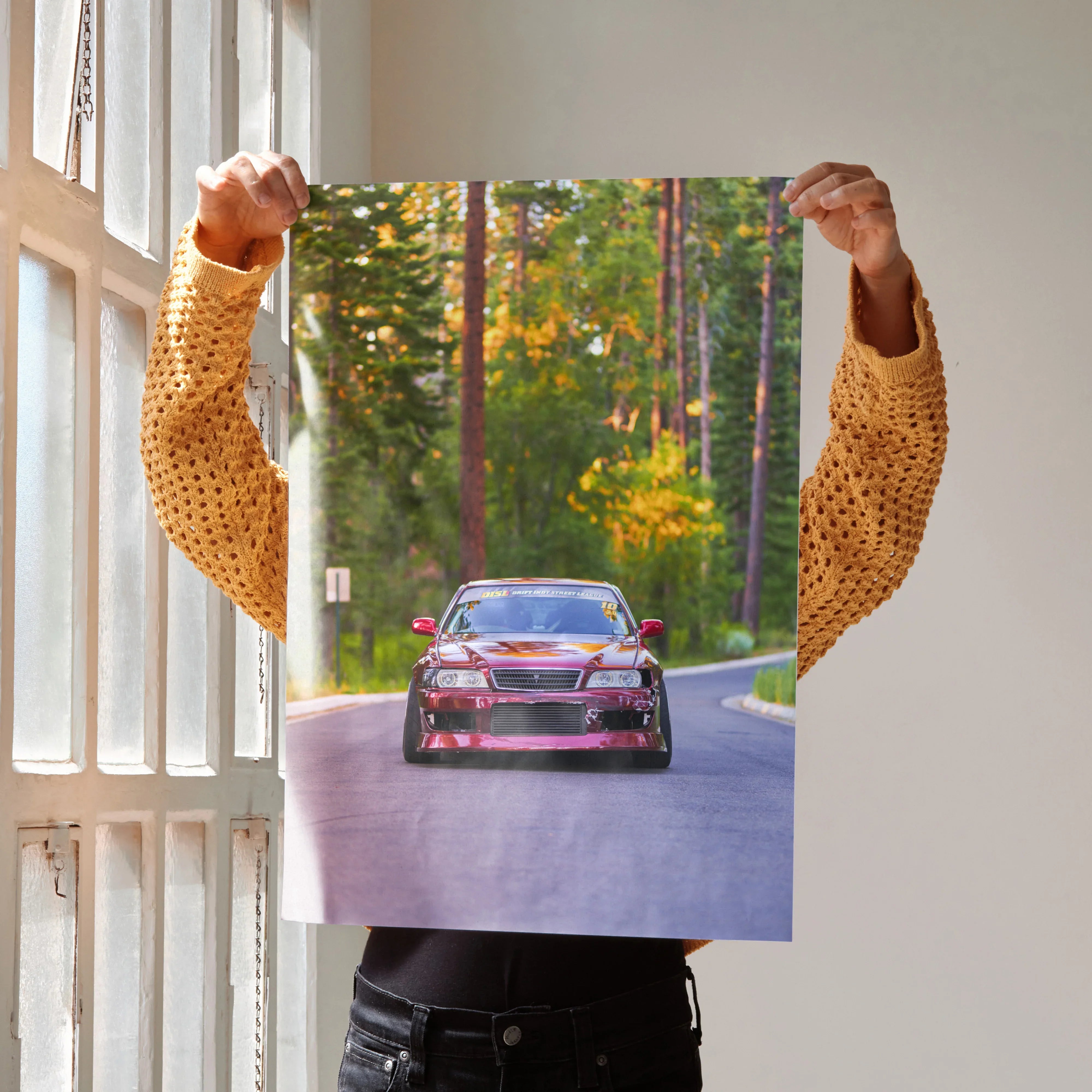 Toyota Chaser JDM drift car poster with forest background, vibrant automotive wall art.
