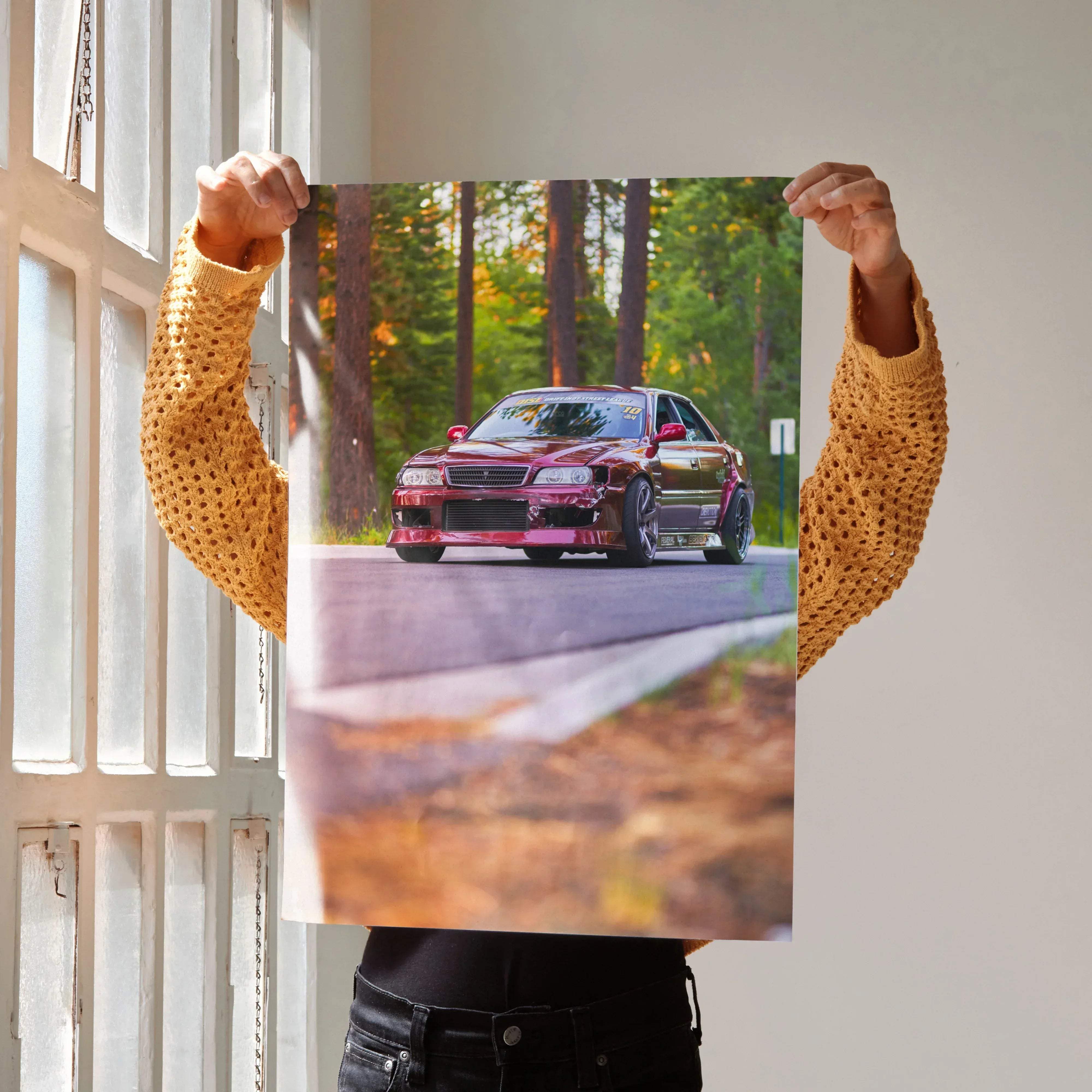 Toyota Chaser JDM drift car high resolution wall art poster featuring a glossy magenta Nissan Skyline R34 on forest road