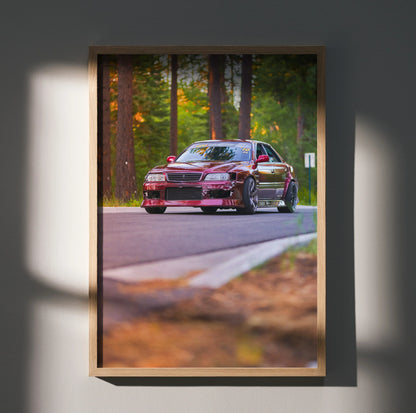 Toyota Chaser JDM drift car on forest road, high-resolution poster wall art.