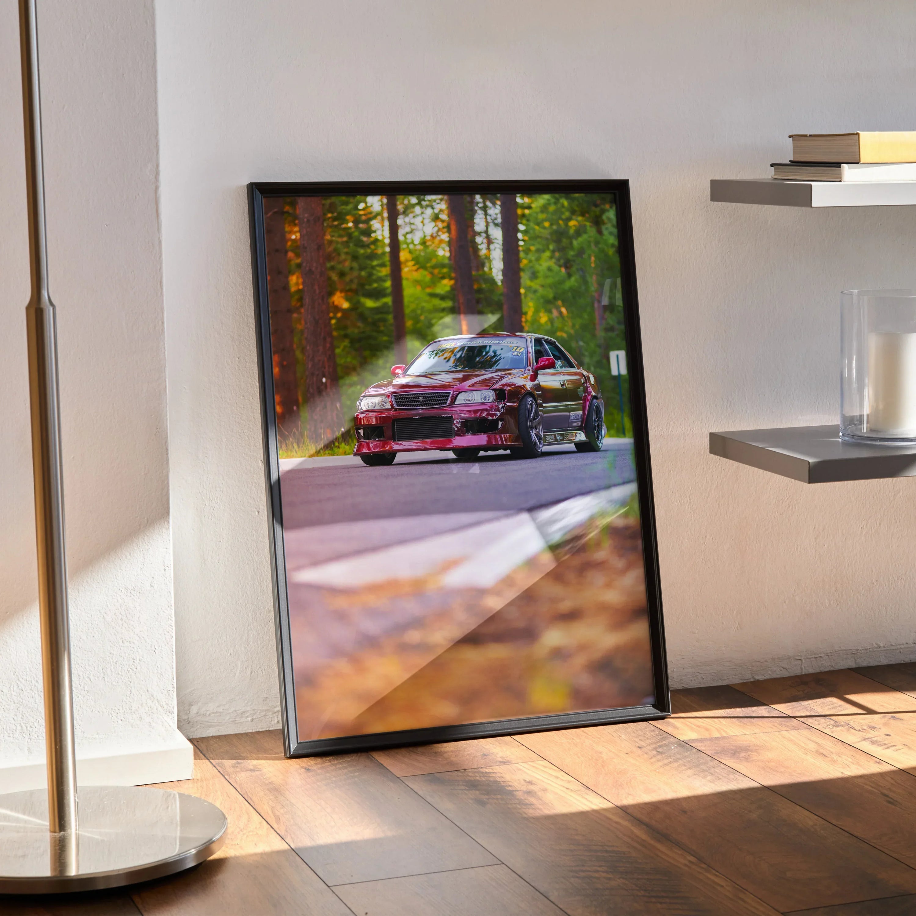 Toyota Chaser JDM drift car poster with vibrant forest background, modern wall art in black frame.