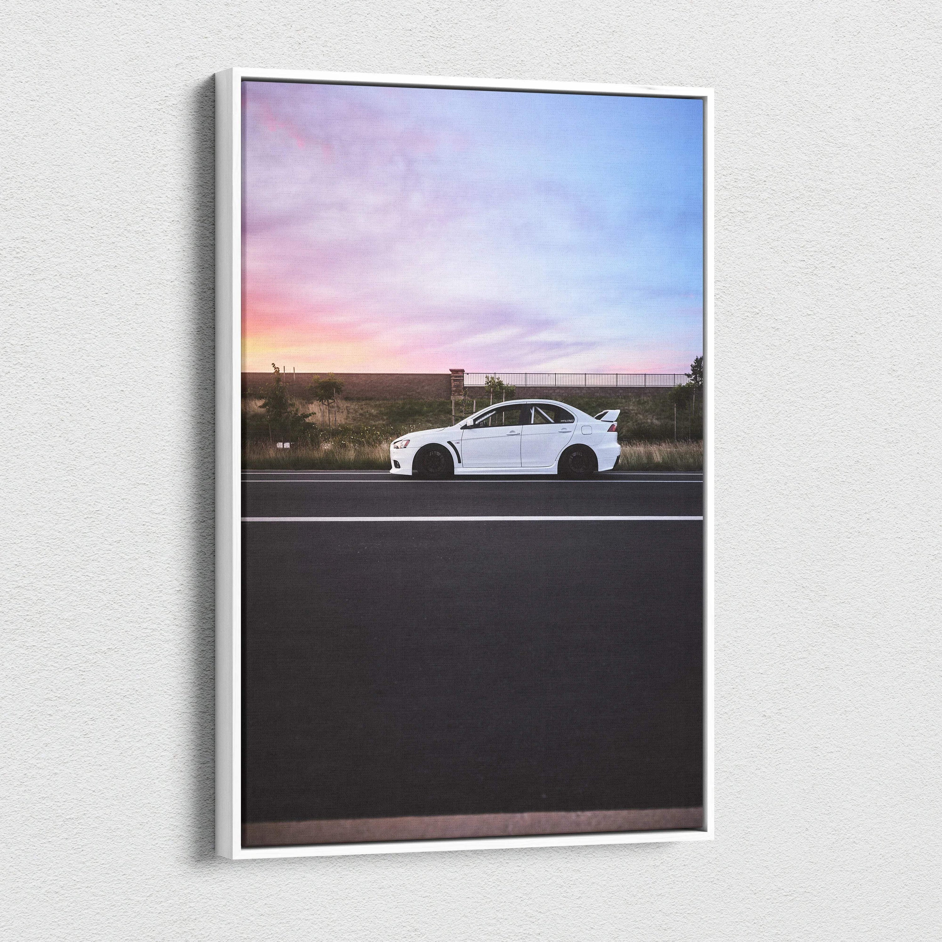 Vertical Mitsubishi Evo 10 canvas art with white car on road at sunset wall art.