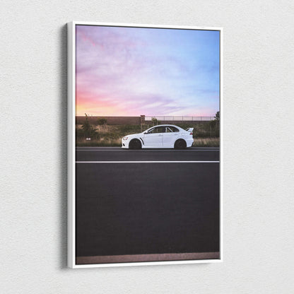 Vertical Mitsubishi Evo 10 canvas art with white car on road at sunset wall art.