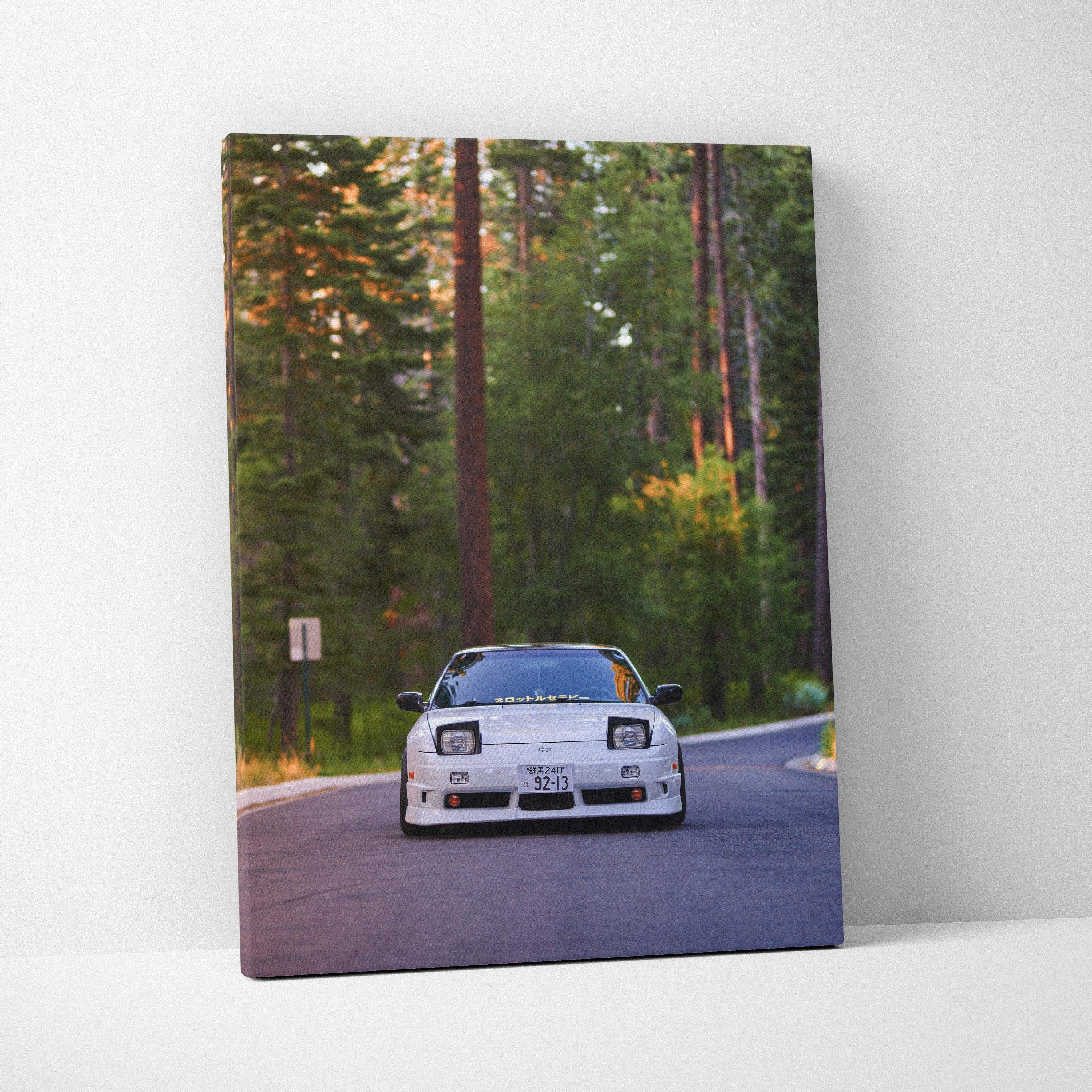 Nissan 240sx Type X on road photography printed on vertical canvas wall art with forest background.