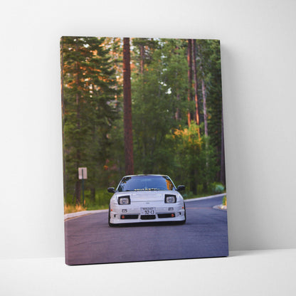 Nissan 240sx Type X on road photography printed on vertical canvas wall art with forest background.