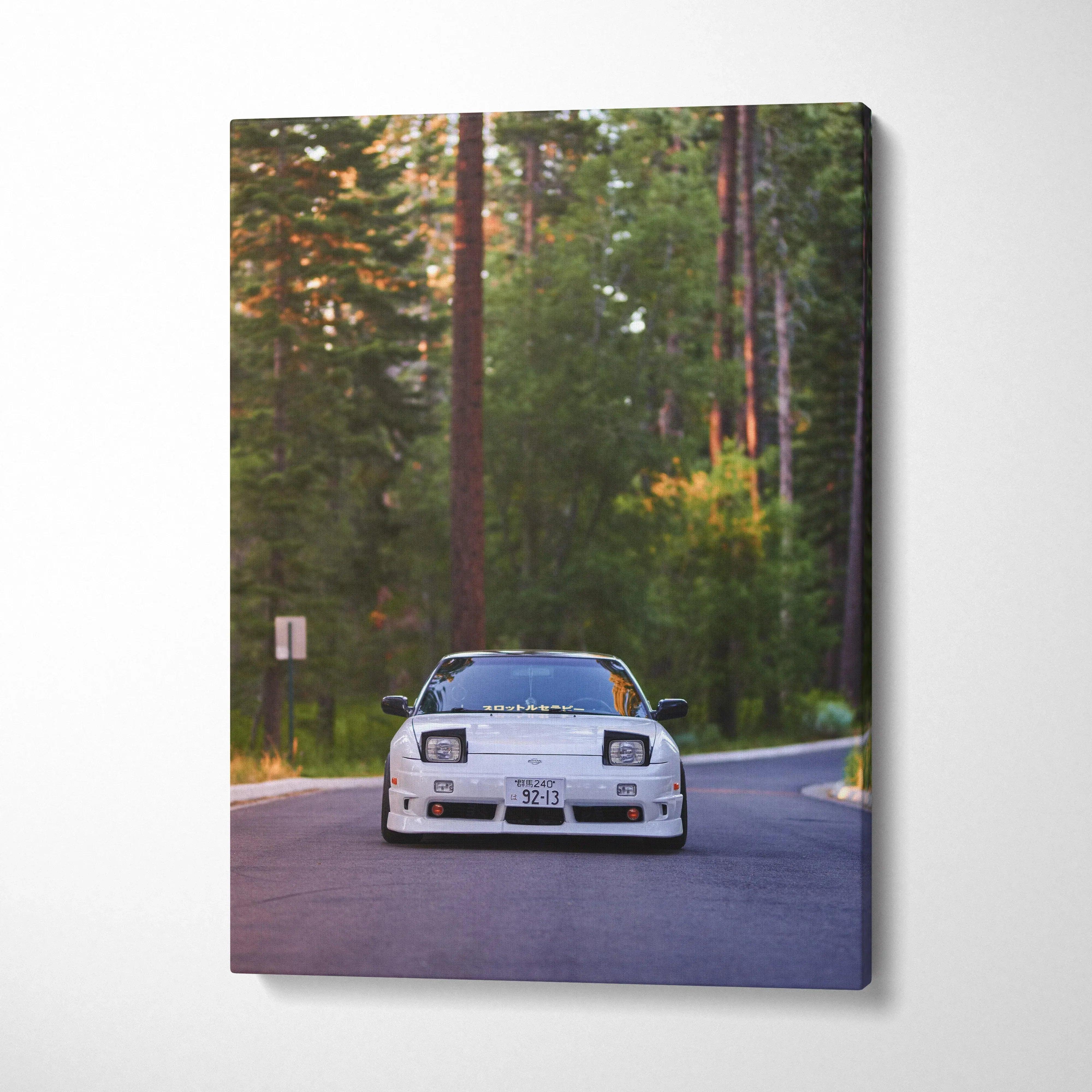 White Nissan 240sx Type X on winding forest road vertical canvas wall art.