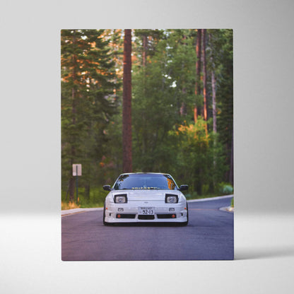 White Nissan 240sx S13 Type X on forest road vertical canvas art wall decor.