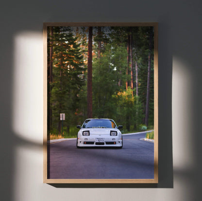 Nissan 240sx S13 Type-X car on forest road wall art poster in wooden frame.