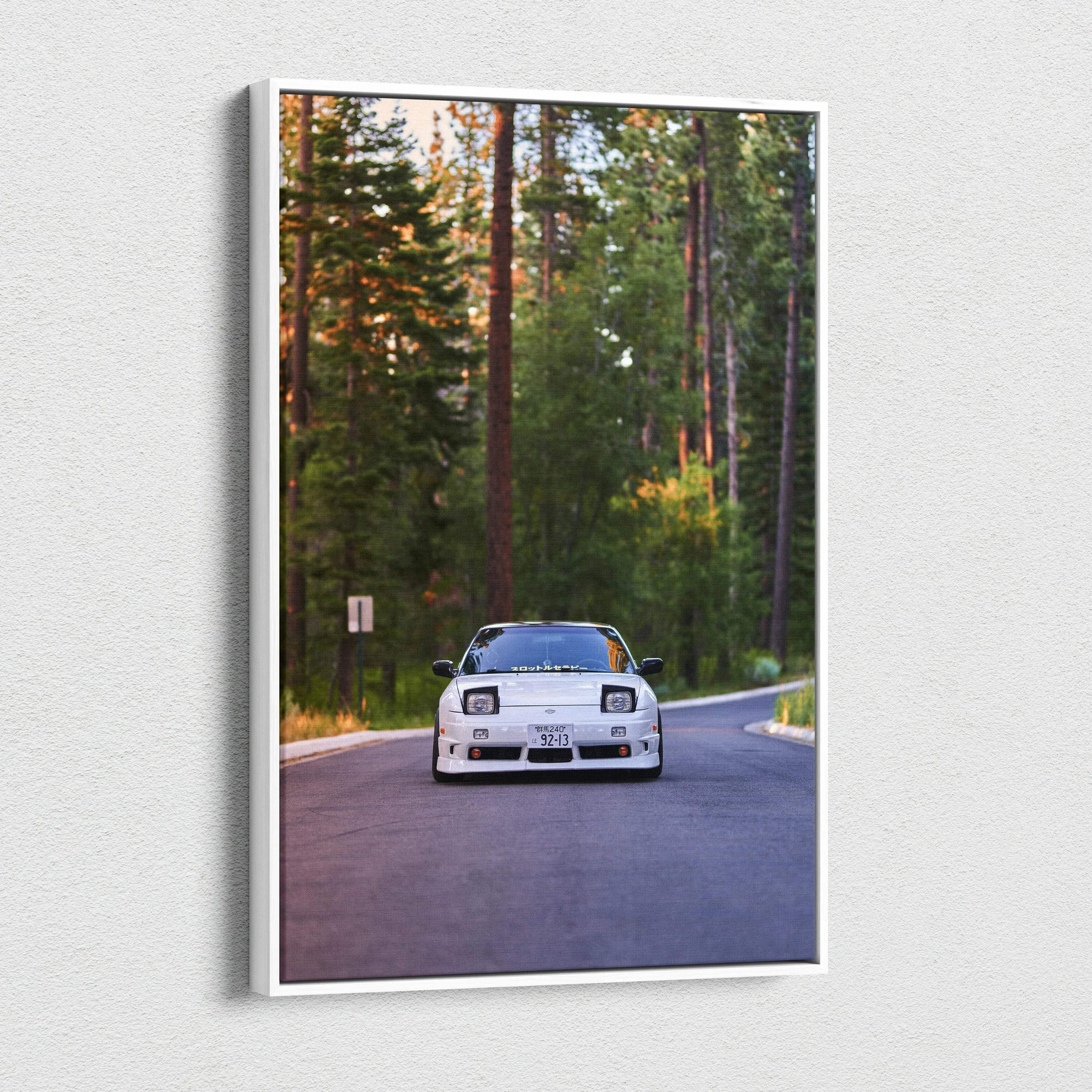 Vertical canvas art of a white Nissan 240sx S13 Type X on a forest road, wall art print.